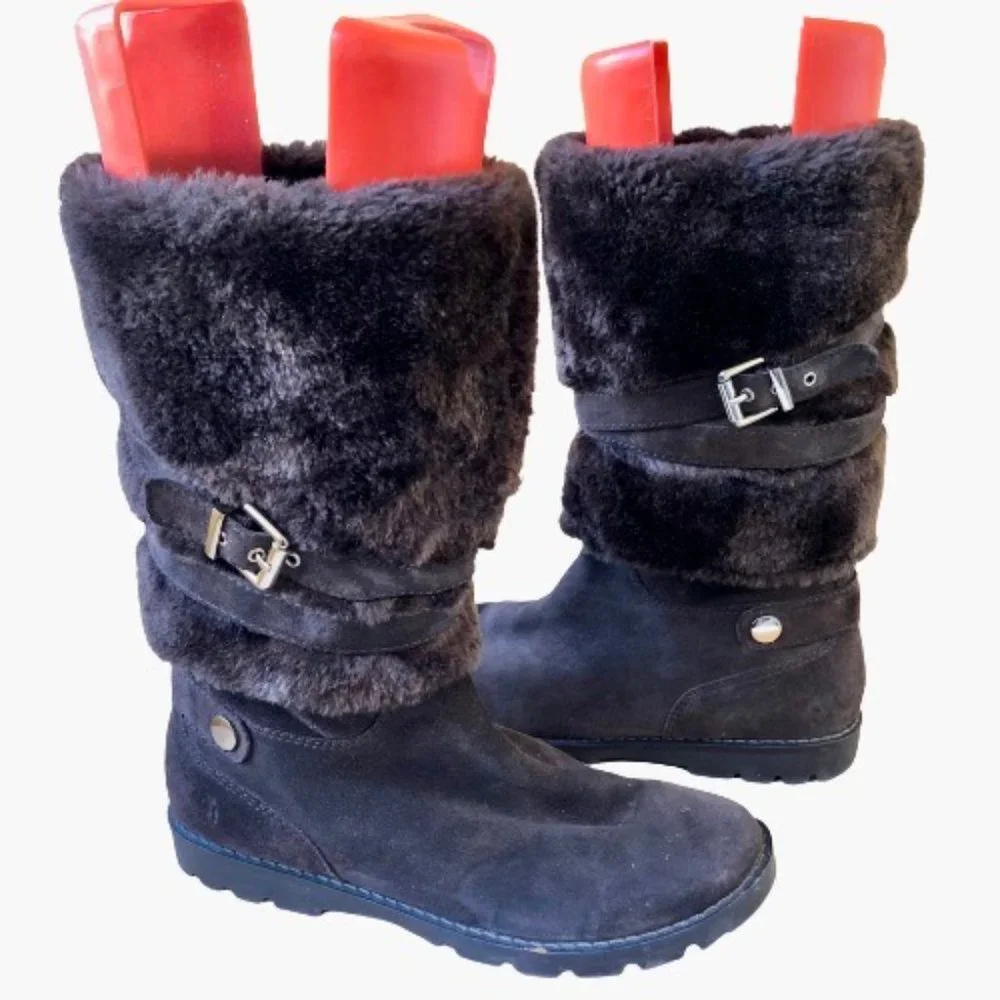 GEOX Mid-Calf Boot Dark Brown Suede Faux FUR Buckles Straps Studs